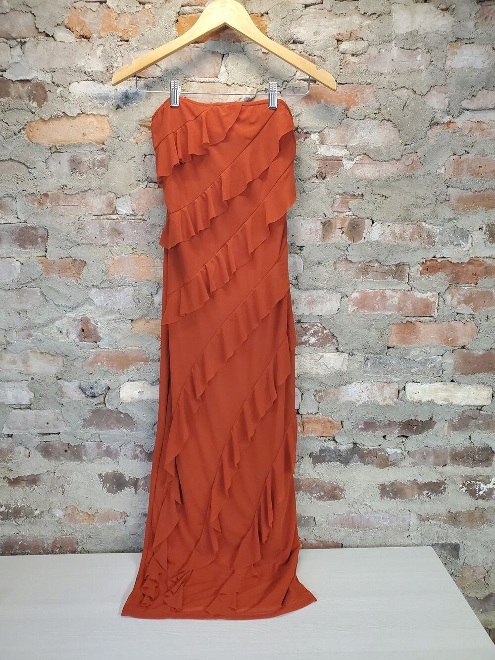 BTFBM Womens Strapless Ruffle Maxi Dress S Small Rust Solid Flowy New Summer